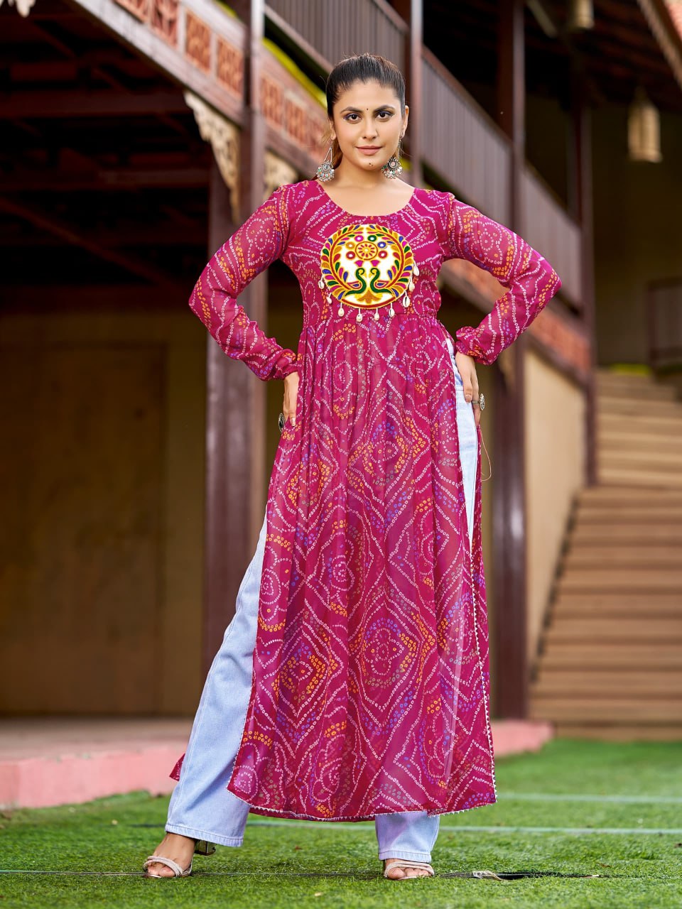 Prazu Fashion Pink Georgette Bandhani Print Work With Kutchi Patch-Work Navaratri Kurti