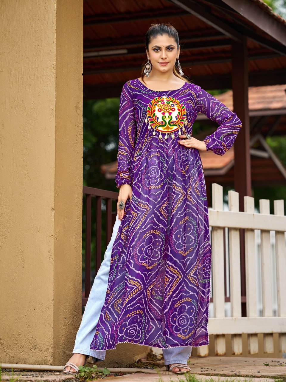 Prazu Fashion Purple Georgette Bandhani Print Work With Kutchi Patch-Work Navaratri Kurti