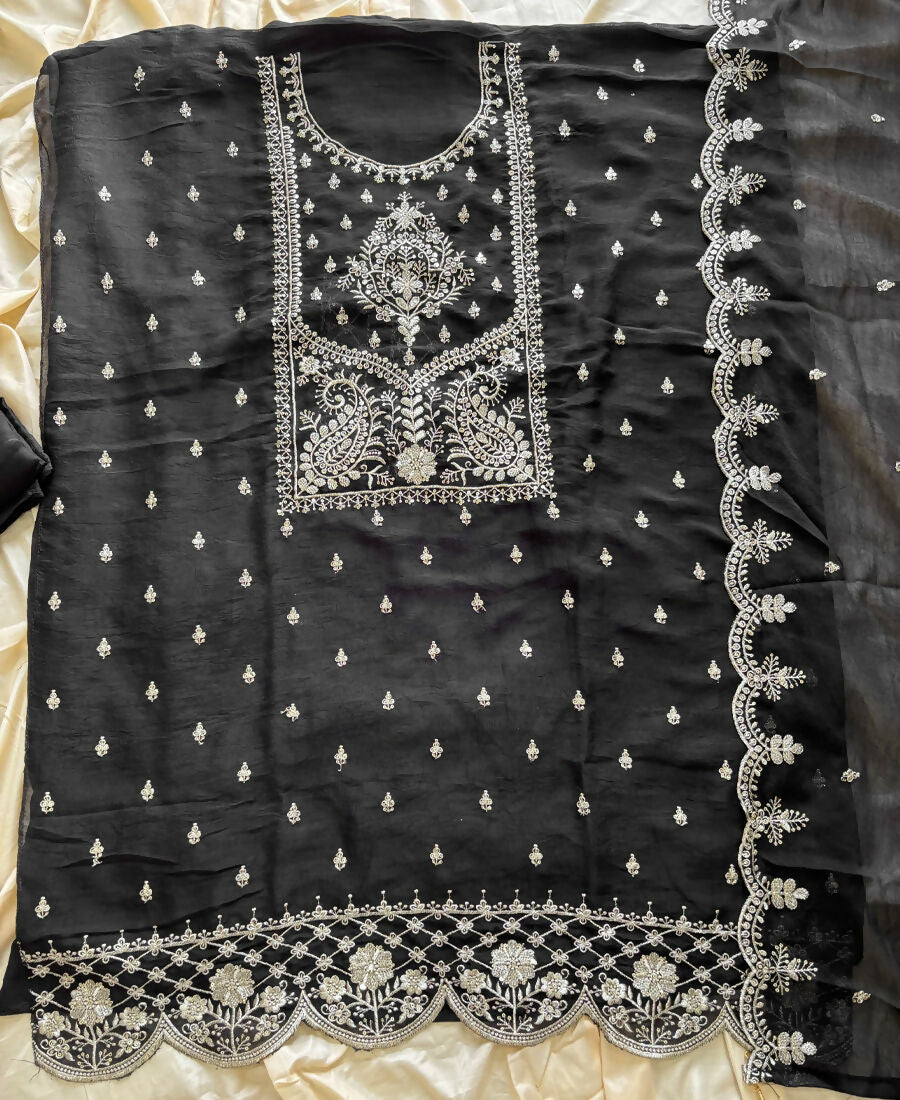 KC Black Wedding Wear Embroidered Crush Silk Salwar Suit - Dista