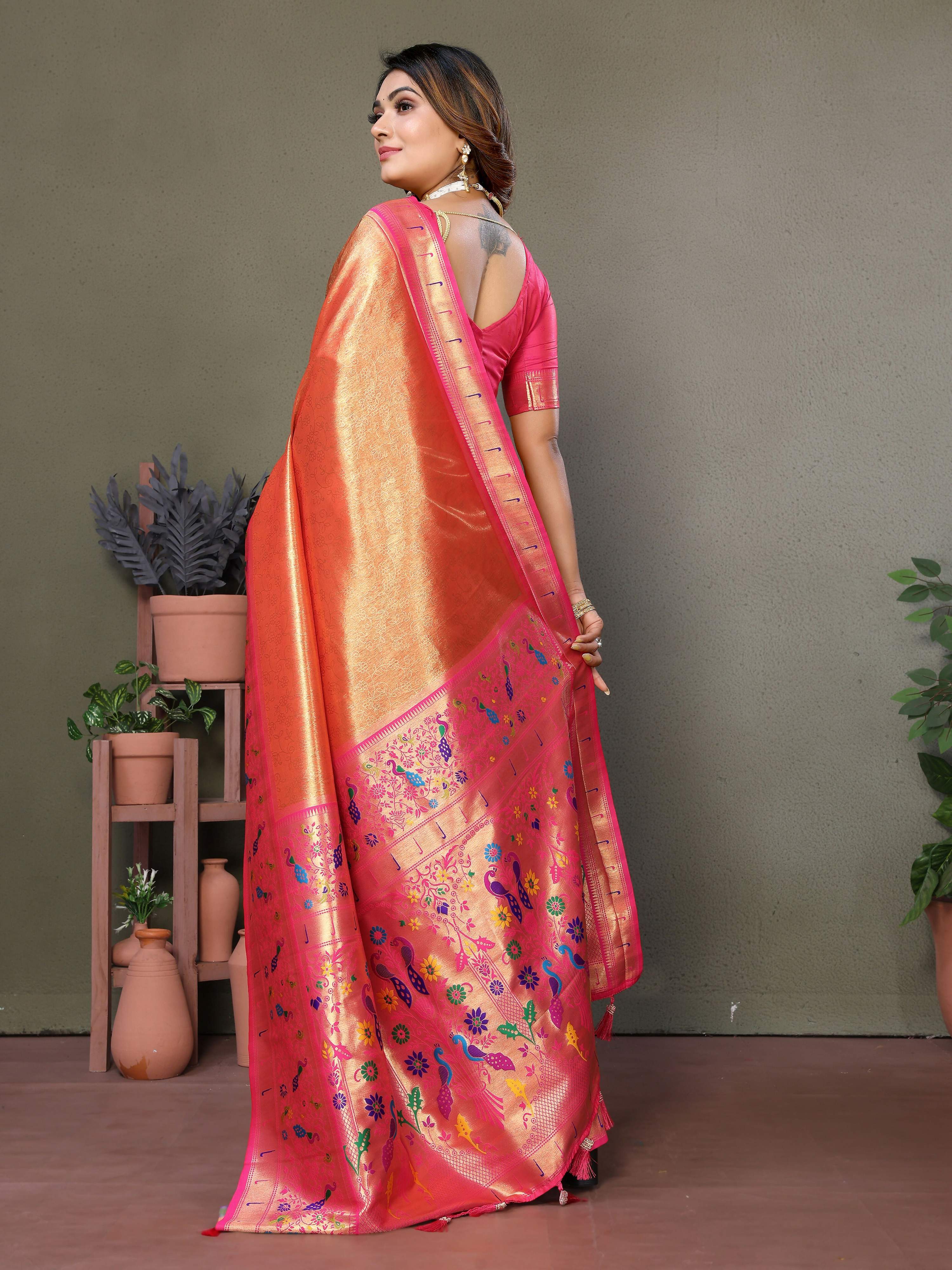 Aastha Fashion Orange Tissue Silk Paithani Woven Saree - Distacart