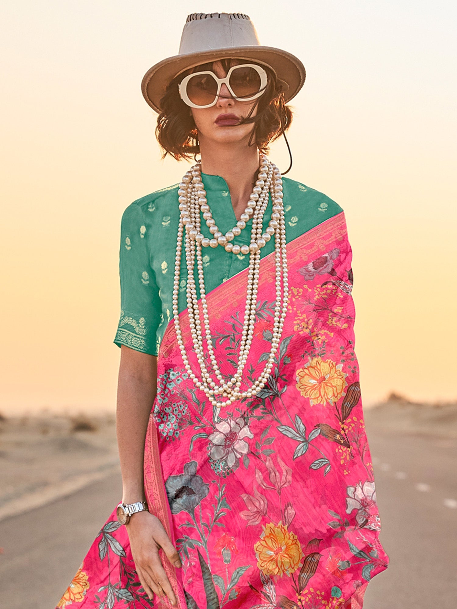 NOZ2TOZ Women's Tissue Pink Printed Designer Saree With Blouse Piece - Distacart