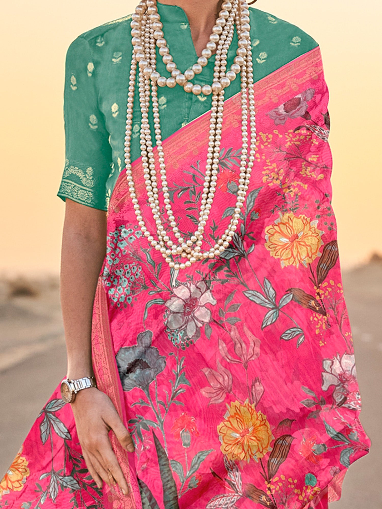 NOZ2TOZ Women's Tissue Pink Printed Designer Saree With Blouse Piece - Distacart