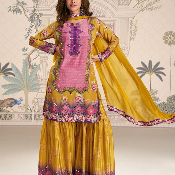 Aarshi Fashions Yellow Heavy Crepe Digital Print Full Stitched Palazzo Suits - Distacart