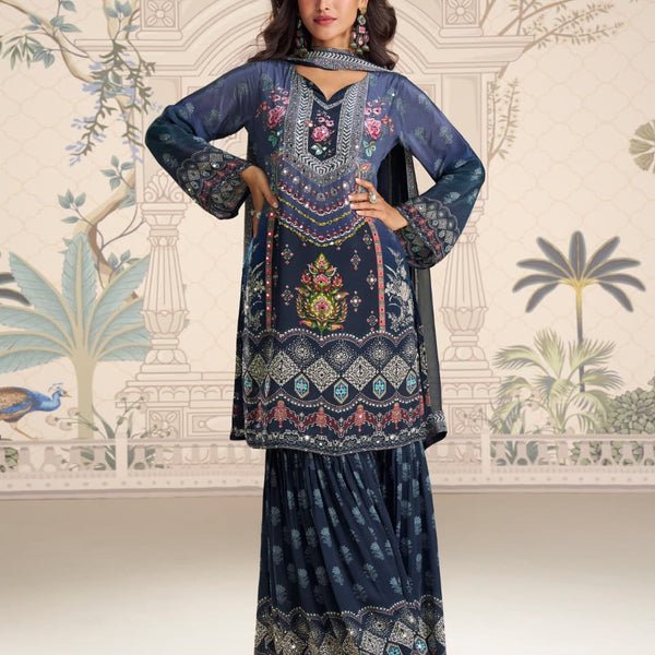 Aarshi Fashions navy Blue Heavy Crepe Digital Print Full Stitched Palazzo Suits - Distacart