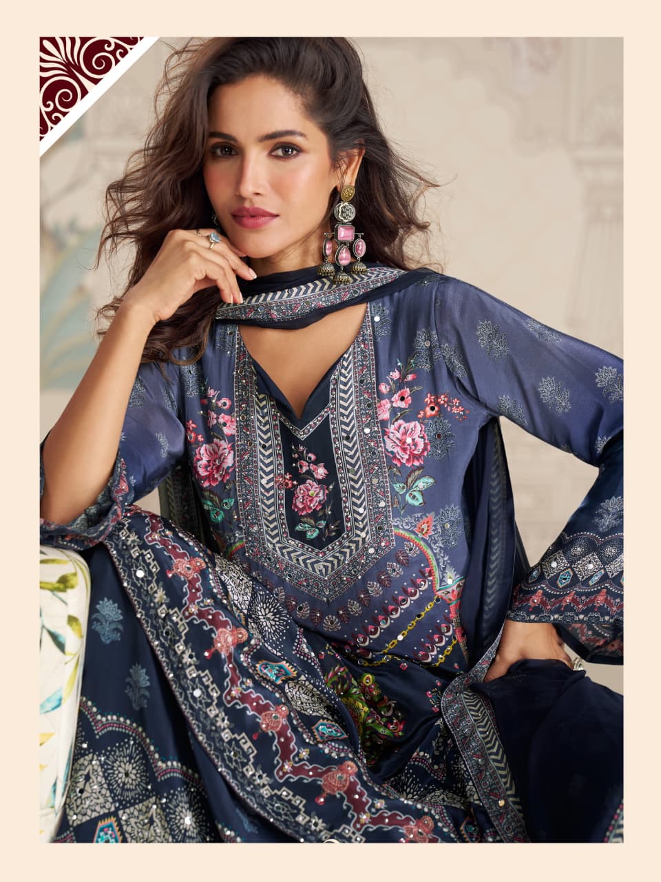 Aarshi Fashions navy Blue Heavy Crepe Digital Print Full Stitched Palazzo Suits - Distacart