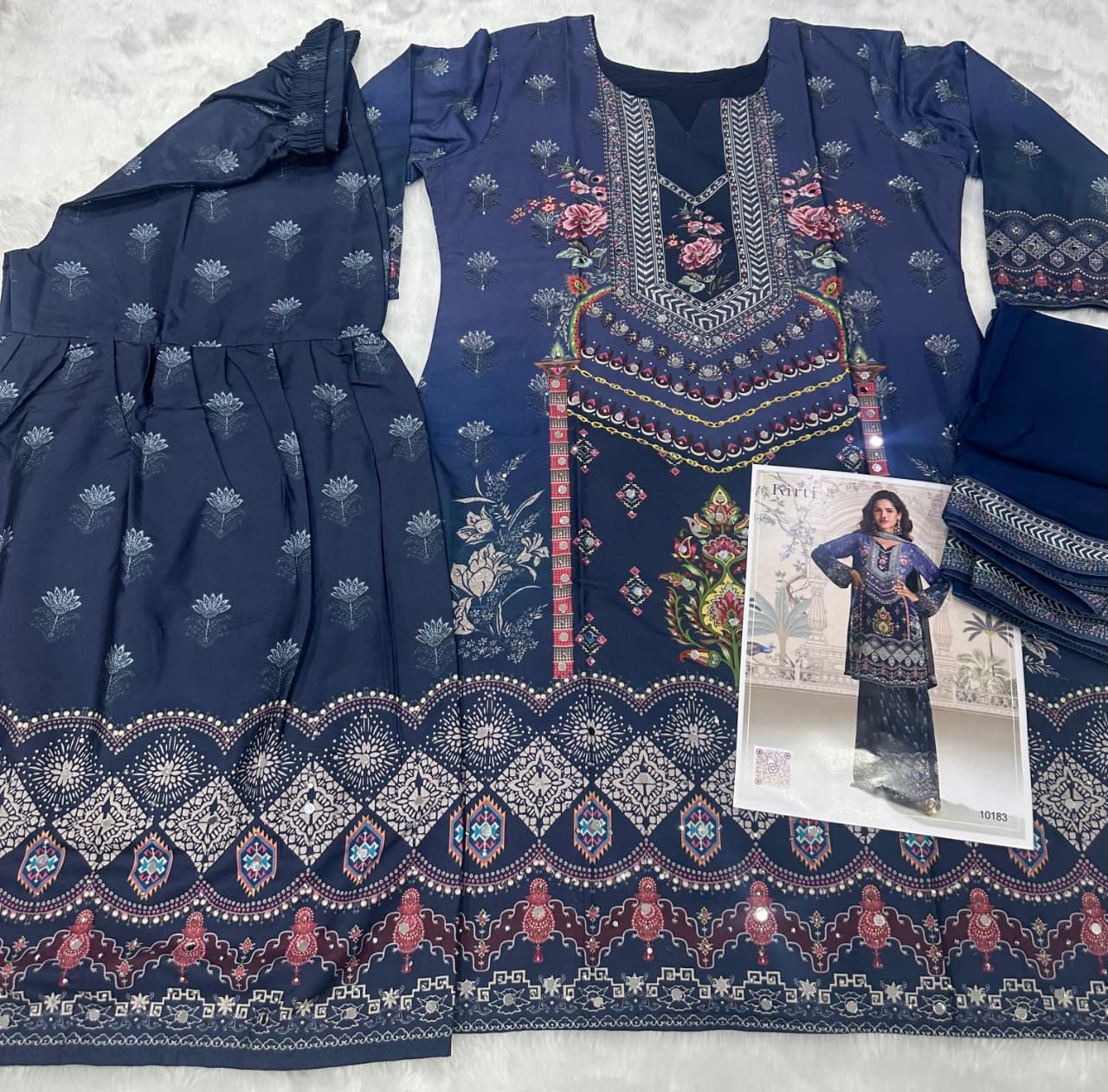 Aarshi Fashions navy Blue Heavy Crepe Digital Print Full Stitched Palazzo Suits - Distacart
