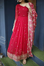 Thumbnail for Jyoti Fashion Women's Red Faux Blooming Sequins with Zari Embroidery Anarkali Dress with Dupatta - Distacart