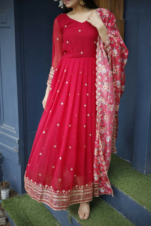 Jyoti Fashion Women's Red Faux Blooming Sequins with Zari Embroidery Anarkali Dress with Dupatta - Distacart