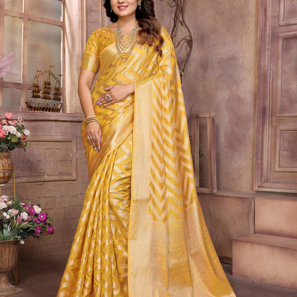 Aastha Fashion Yellow Soft Organza Silk Weaving Saree - Distacart