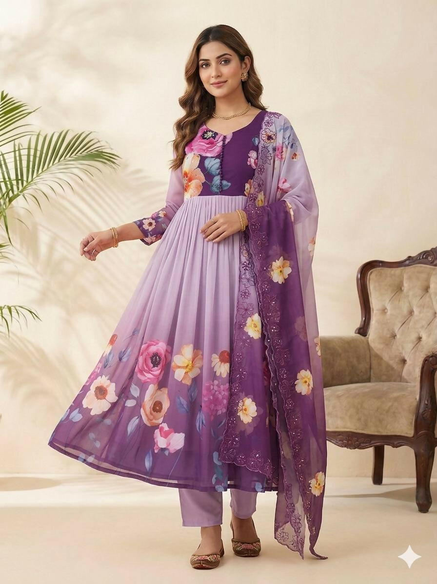 Teeya Creation Womens New Fancy Fox Georgette Heavy Quality Fabric With Handwork Purple Gown Set - Dista