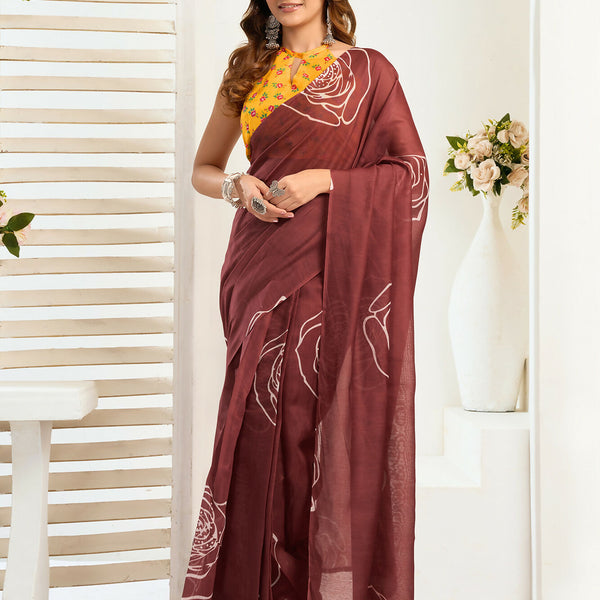 Vastranavya Dark Brown Digital Printed Linen Ready To Wear Designer Saree with Unstitched Blouse - Distacart