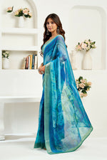 Thumbnail for Vastranavya Aqua Blue Digital Printed Linen Ready To Wear Designer Saree with Unstitched Blouse - Distacart