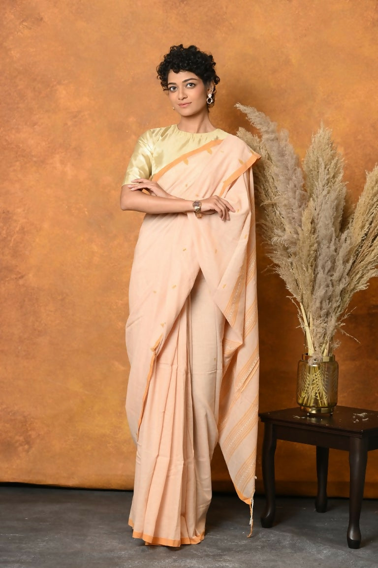 Very Much Indian Handloom Pure Cotton Saree With Sleek Border - Light Peach - Distacart