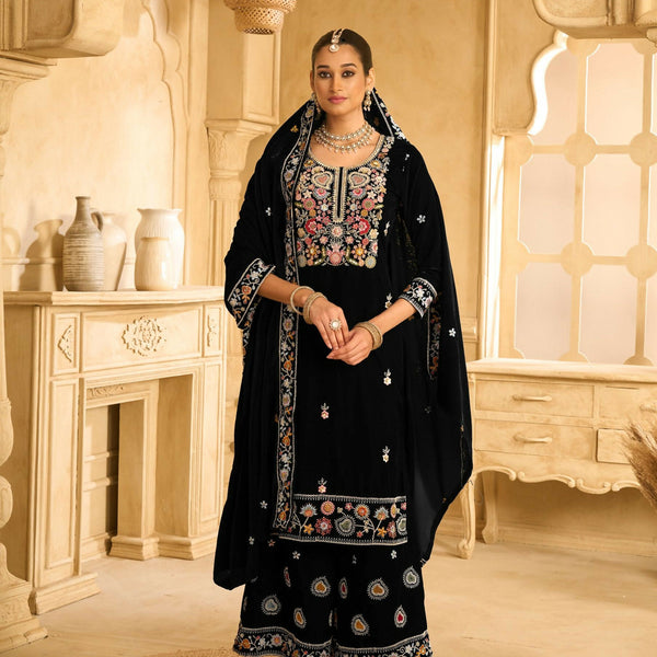 Anaita Black Embroidered Velvet Stitched Plazo Suit