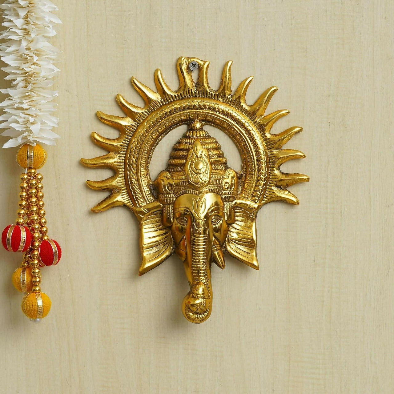 eCraftIndia Golden Lord Ganesha With Sun Decorative Metal Wall Hanging - Distacart