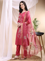 Thumbnail for Embroidered Kurta With Pant & Printed Dupatta, Pink - Hiral Fashion - Distacart