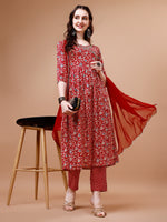 Thumbnail for Mirror Embroidered Angrakha Style Printed & Flared Anarkali Kurta With Pant & Dupatta Set, Multicolor - Hiral Fashion - Distacart