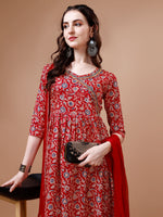 Thumbnail for Mirror Embroidered Angrakha Style Printed & Flared Anarkali Kurta With Pant & Dupatta Set, Multicolor - Hiral Fashion - Distacart