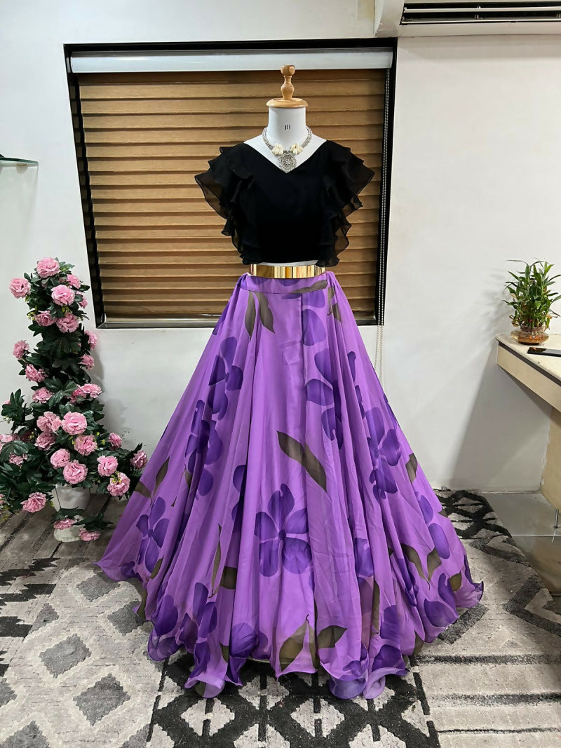 Dishitha Creation Floral Printed Stitched Lehenga & Crop Top - Black & Pink - Distacart