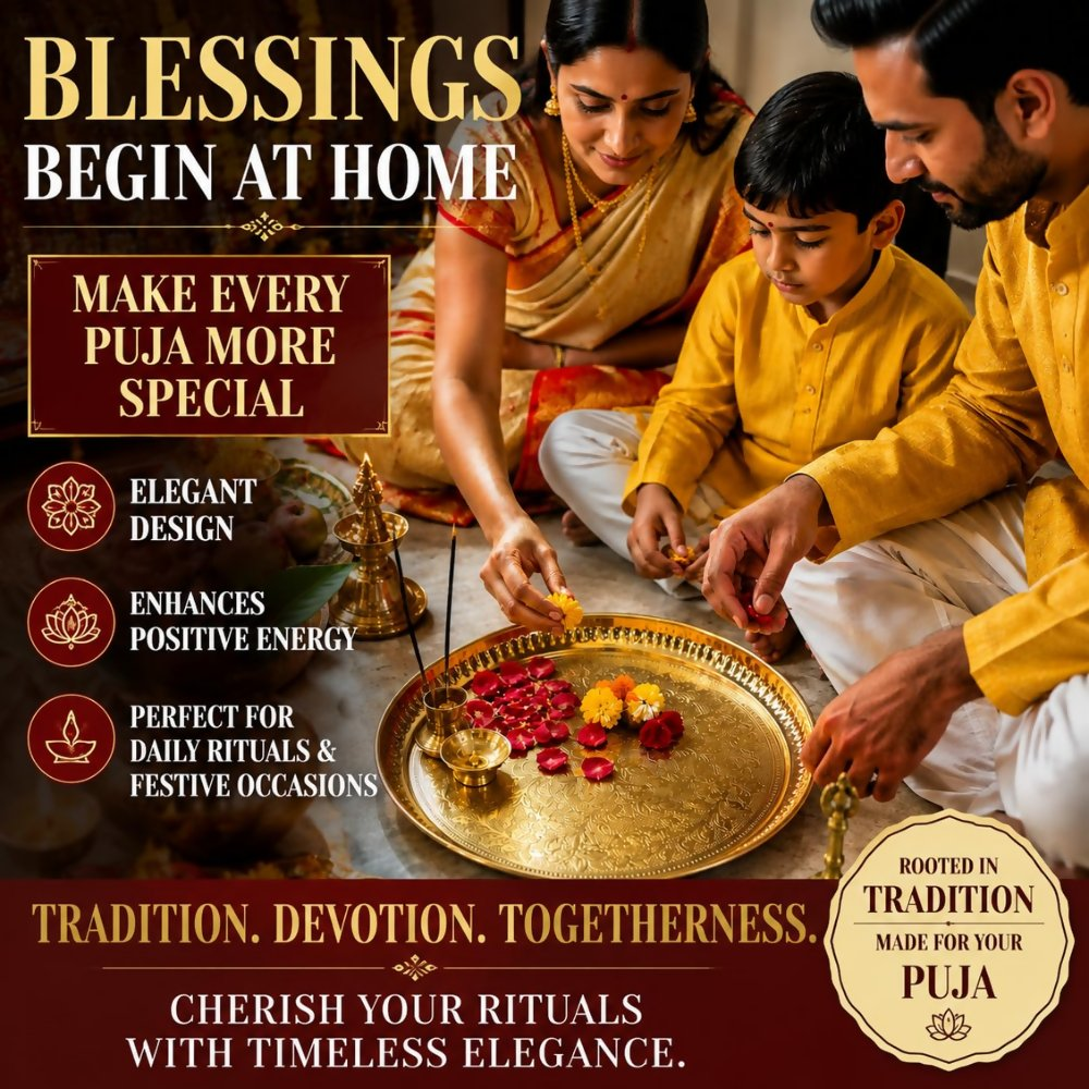 Pure Source India Handmade Flower Embossed Design Brass Puja Thali - Dista