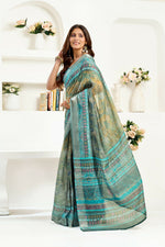 Thumbnail for Joban Fashion Petrol Ethinic Motifs Linen Ready To Wear Saree With Unstitched Blouse - Distacart