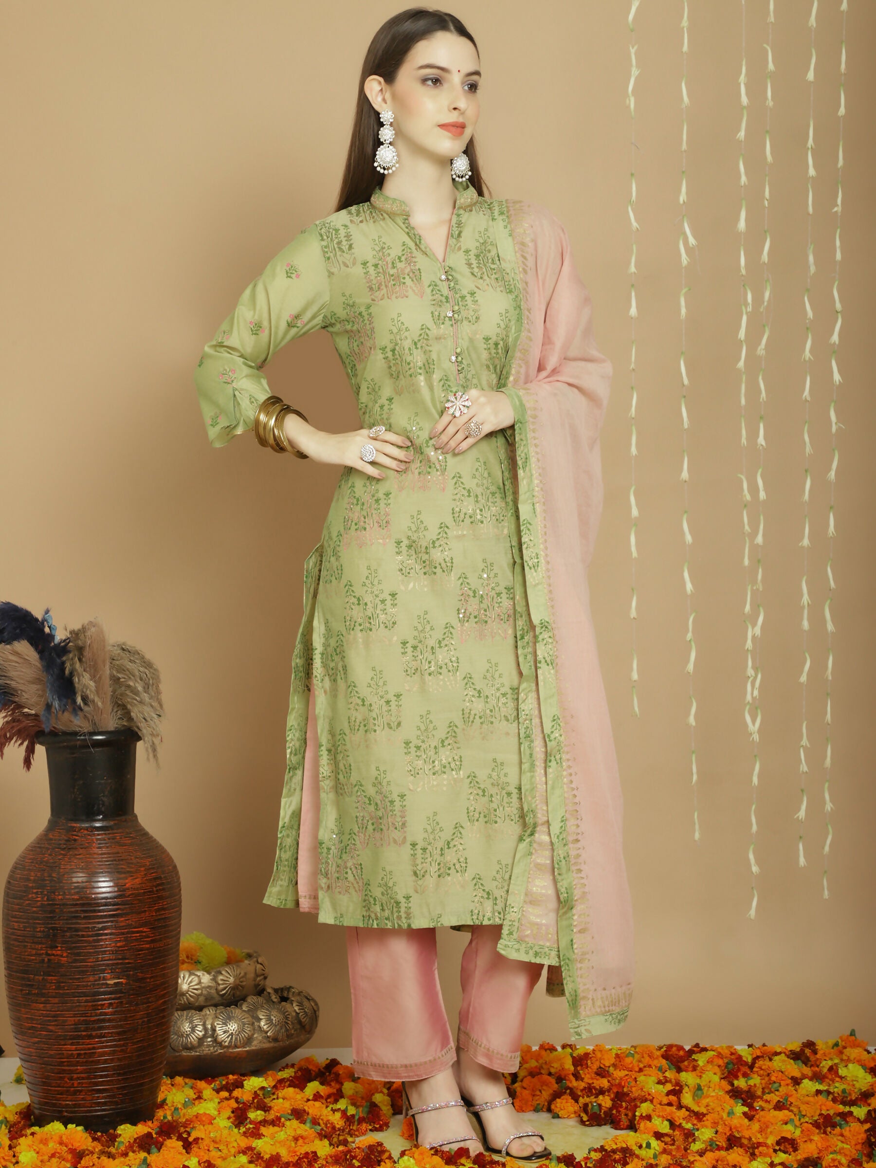 Jyoti Fashion Women's Green Chanderi Silk Elegant Jardoshi Semi Kurta with Trouser & Dupatta - Distacart
