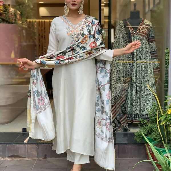 The52 Off White Women's Gorgeous Embroidered Viscose Chanderi Fabric Straight Kurta Pant with Dupatta Set - Distacart