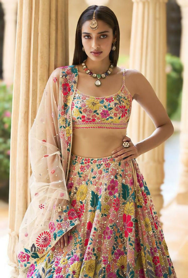 Jyoti Fashion Multicolor Thread & 5mm Sequence Embroidery Georgette Lehenga Choli with Dupatta - Distacart