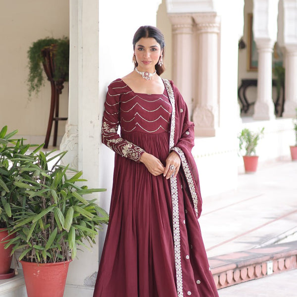 Lehenga Mart Premium Readymade Gown With Dupatta Set For Women-Brown - Distacart