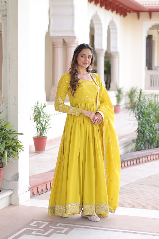 Lehenga Mart Premium Readymade Gown With Dupatta Set For Women-Yellow