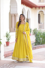 Thumbnail for Lehenga Mart Premium Readymade Gown With Dupatta Set For Women-Yellow - Distacart