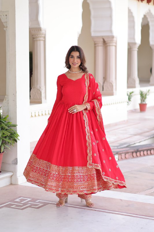 Lehenga Mart Designer Anarkali Suit Ready To Wear Kurta Pant With Dupatta For Women-Red