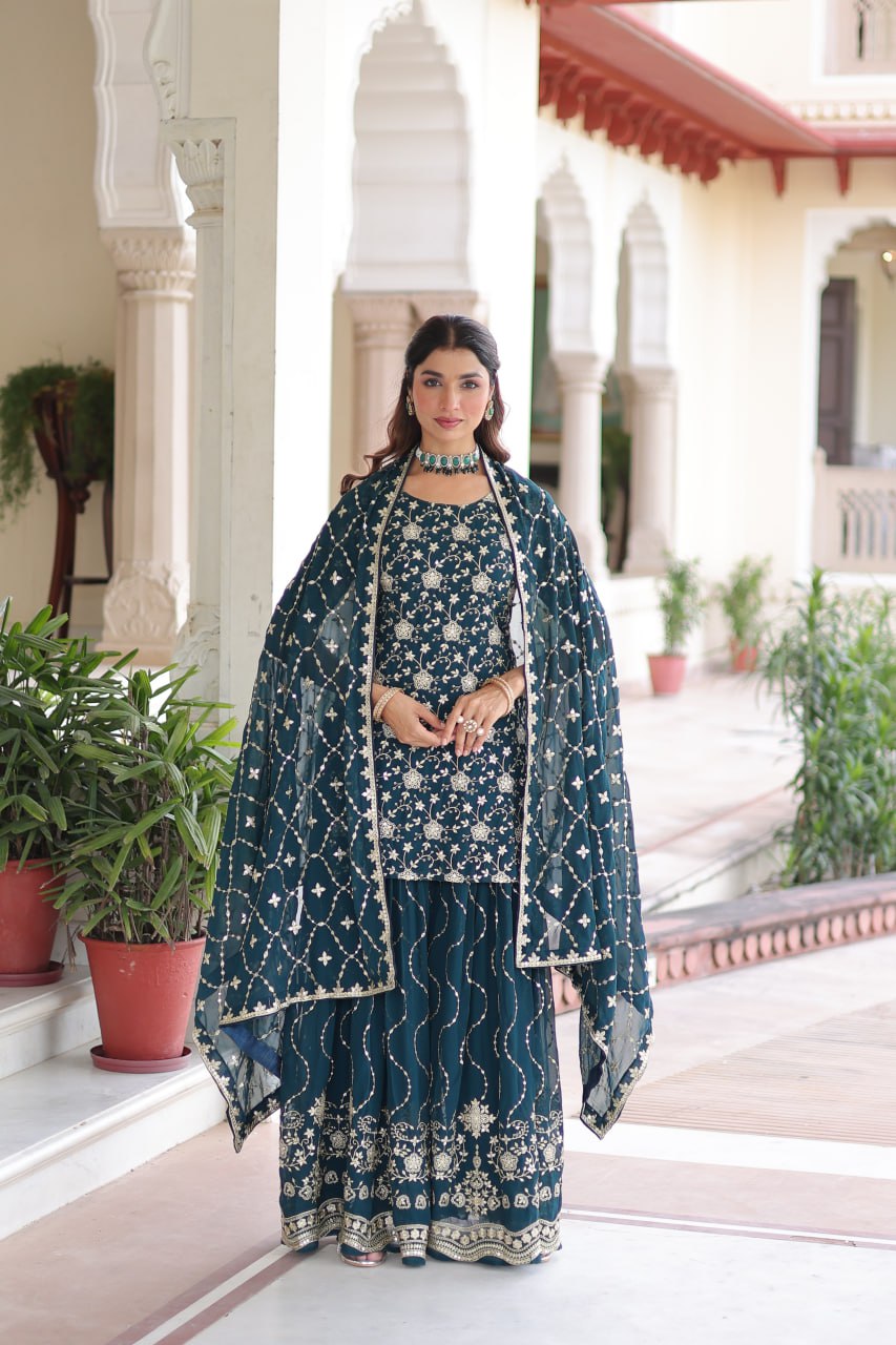 Lehenga Mart Premium Readymade Kurti Sharara With Dupatta Set For Women-Teal Blue - Distacart