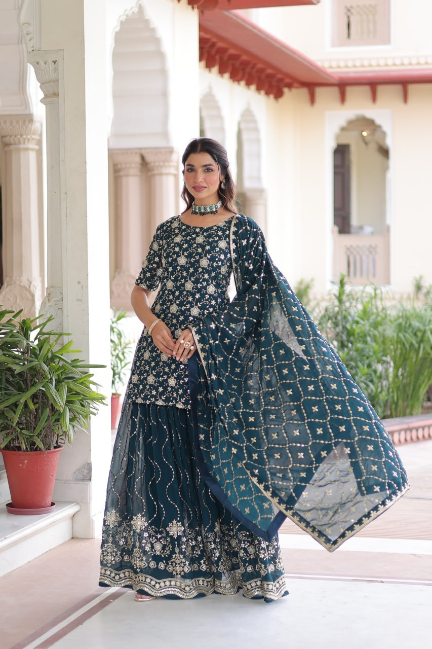 Lehenga Mart Premium Readymade Kurti Sharara With Dupatta Set For Women-Teal Blue - Distacart