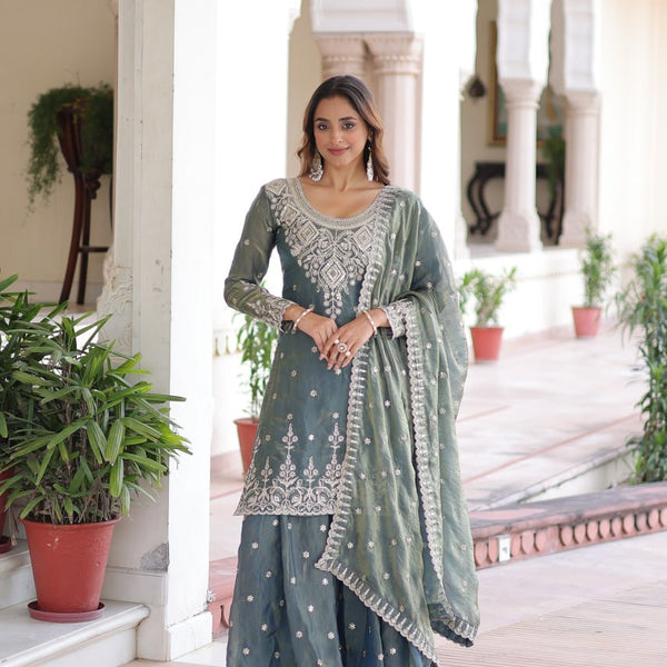Lehenga Mart Premium Readymade Top Sharara With Dupatta Set For Women-Grey - Distacart