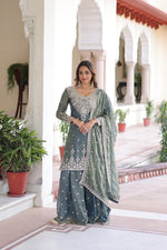 Thumbnail for Lehenga Mart Premium Readymade Top Sharara With Dupatta Set For Women-Grey - Distacart
