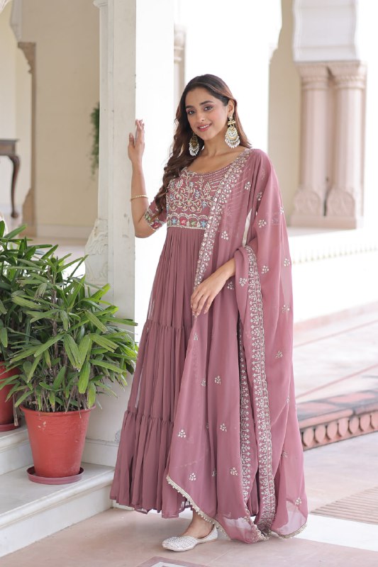 Lehenga Mart Premium Readymade Gown With Dupatta Set For Women-Mauve - Distacart