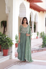 Thumbnail for Lehenga Mart Premium Readymade Gown With Dupatta Set For Women-Sage Green - Distacart