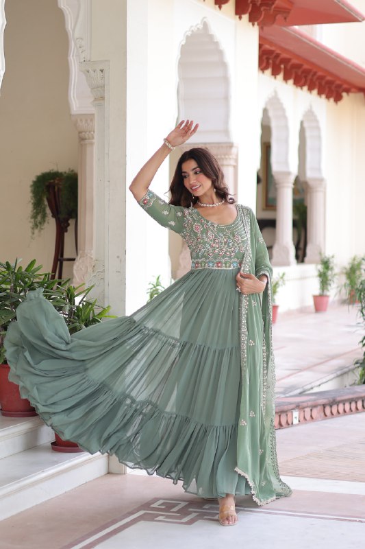 Lehenga Mart Premium Readymade Gown With Dupatta Set For Women-Sage Green - Distacart