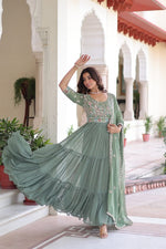 Thumbnail for Lehenga Mart Premium Readymade Gown With Dupatta Set For Women-Sage Green - Distacart