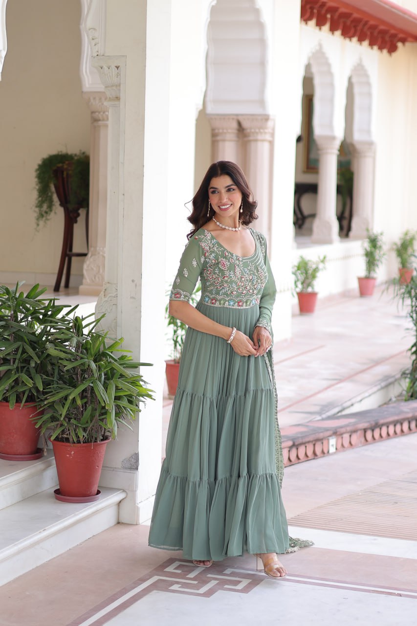 Lehenga Mart Premium Readymade Gown With Dupatta Set For Women-Sage Green - Distacart
