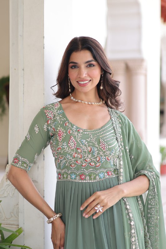 Lehenga Mart Premium Readymade Gown With Dupatta Set For Women-Sage Green - Distacart