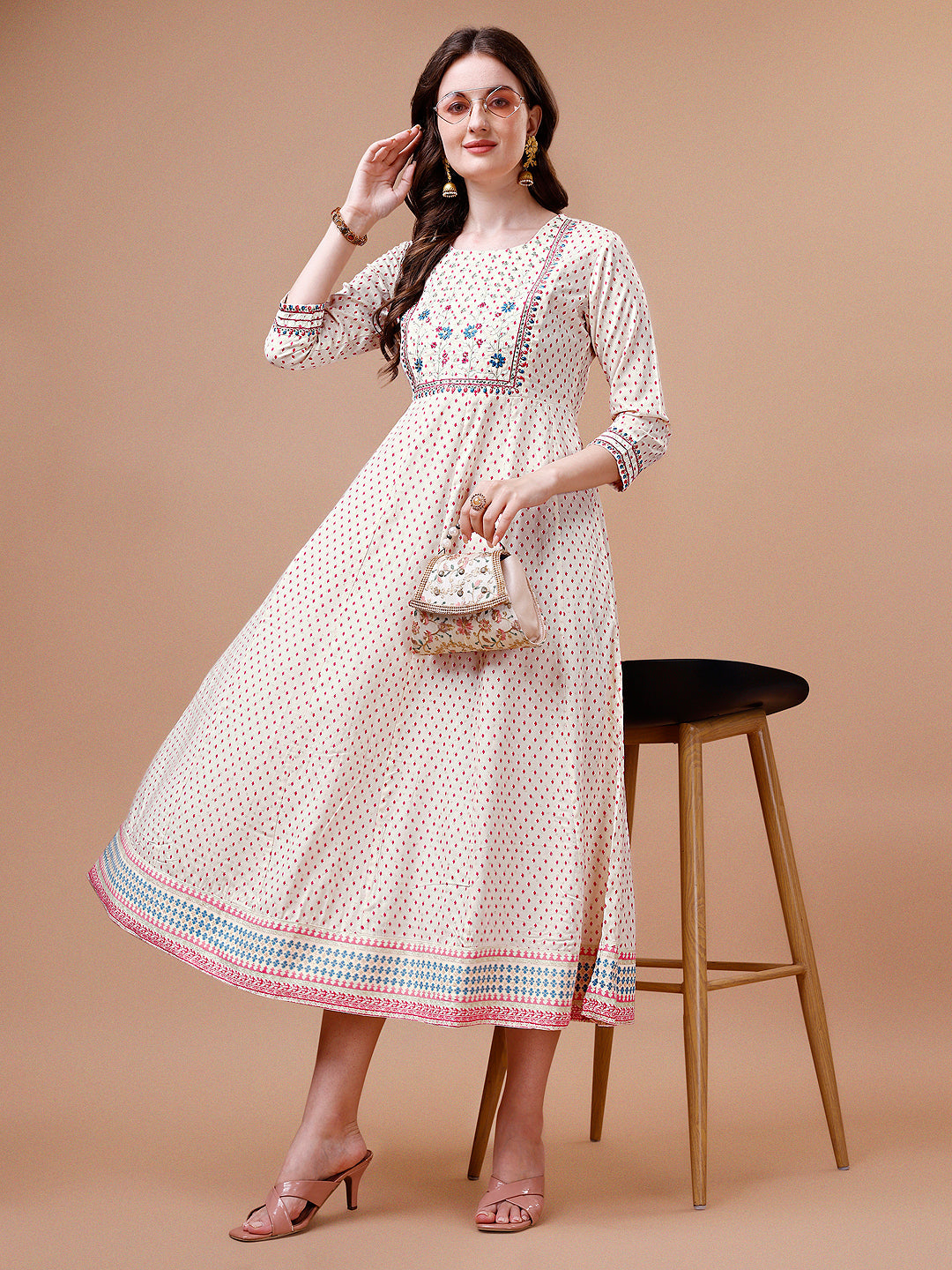 Embroidered Printed Pink Rayon Ethnic Dress, Multicolor - Hiral Fashion - Distacart