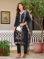 Thumbnail for Embroidered Kurta With Pant & Embroidered Cut Work Organza Dupatta, Black - Hiral Fashion - Distacart