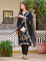 Thumbnail for Embroidered Kurta With Pant & Embroidered Cut Work Organza Dupatta, Black - Hiral Fashion - Distacart