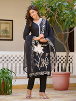 Thumbnail for Embroidered Kurta With Pant & Embroidered Cut Work Organza Dupatta, Black - Hiral Fashion - Distacart