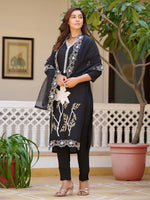 Thumbnail for Embroidered Kurta With Pant & Embroidered Cut Work Organza Dupatta, Black - Hiral Fashion - Distacart