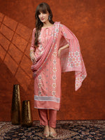 Thumbnail for Floral Embroidered Tie Up Neck Kurta With Pant & Dupatta, Pink - Hiral Fashion - Distacart
