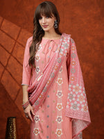 Thumbnail for Floral Embroidered Tie Up Neck Kurta With Pant & Dupatta, Pink - Hiral Fashion - Distacart