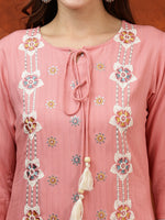 Thumbnail for Floral Embroidered Tie Up Neck Kurta With Pant & Dupatta, Pink - Hiral Fashion - Distacart